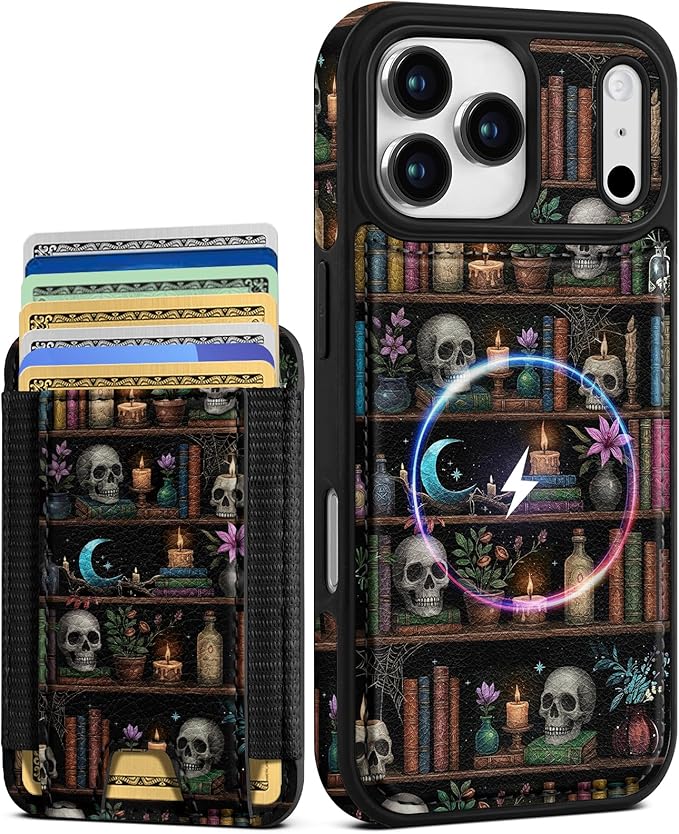 Shorogyt for iPhone 17 Pro Max Case Wallet - Fits 5 Cards, Compatible with Magsafe Detachable Magnetic Credit Card Holder Leather Cardholder Cute Phone Cover Women Girls for Apple 17 ProMax, Bookshelf