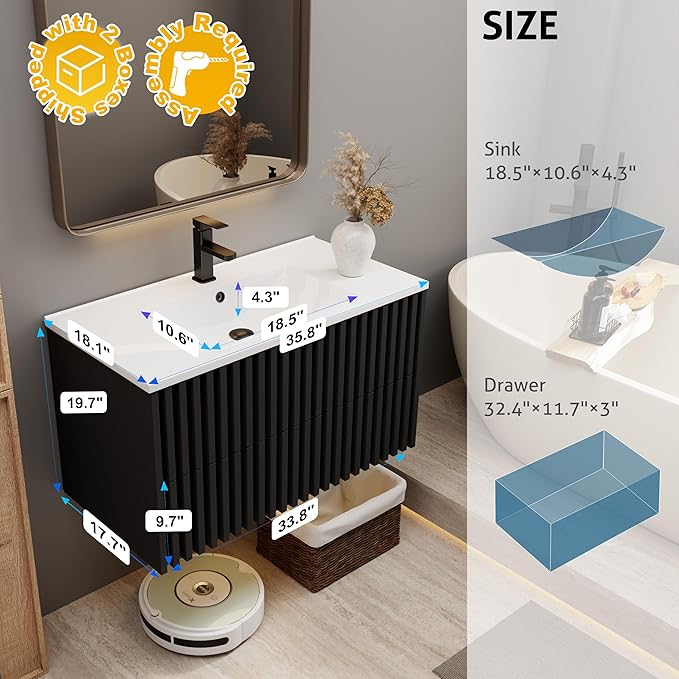 eclife 36" Floating Bathroom Vanity with Sink Combo, Modern Wall Mounted Cabinet with 2 Fluted Drawers, Undermount Sink, Faucet, Drain, Black