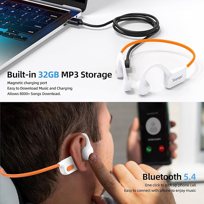 Tayogo 32GB Waterproof MP3 Player for Swimming Laps | IPX8 Bone Conduction Swimming Headphones | Open-Ear Underwater Headset with 8-Hour Playtime