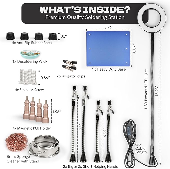 Helping Hands Soldering Station Kit with Magnifying Lamp, Fixed Arms, Brass Sponge Cleaner & Desoldering Wick, Third Hand Soldering Tool for PCB Repair, Electronics Assembly & Projects