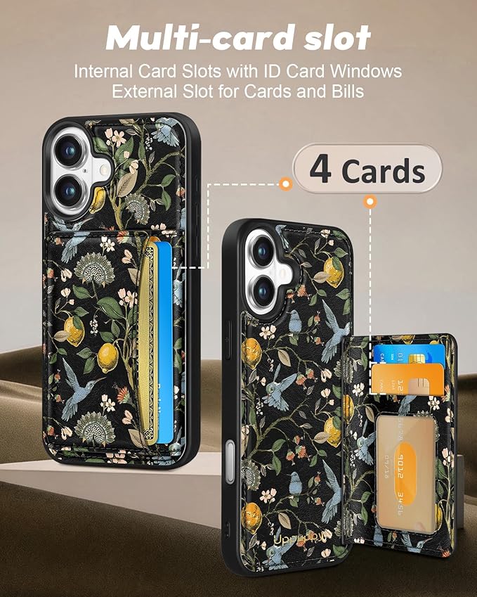 for iPhone 16 Plus Case with Wallet - Fits 4 Card Slots, Compatible with MagSafe for Women Aesthetic Durable PU Leather Credit Card Holder Kickstand Phone Cover for Apple 16 Plus, Lemon Bird