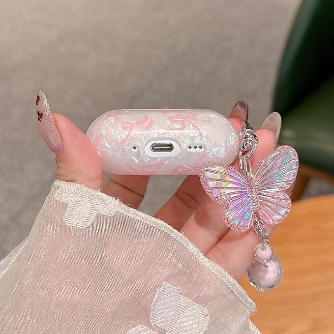 for AirPod Pro 3 Case 2025 Cute Bow Shell Pearl TPU Protective Cover with Butterfly Keychain Compatible with AirPods Pro 3rd Generation Case for Women Girls (Pink Bow)