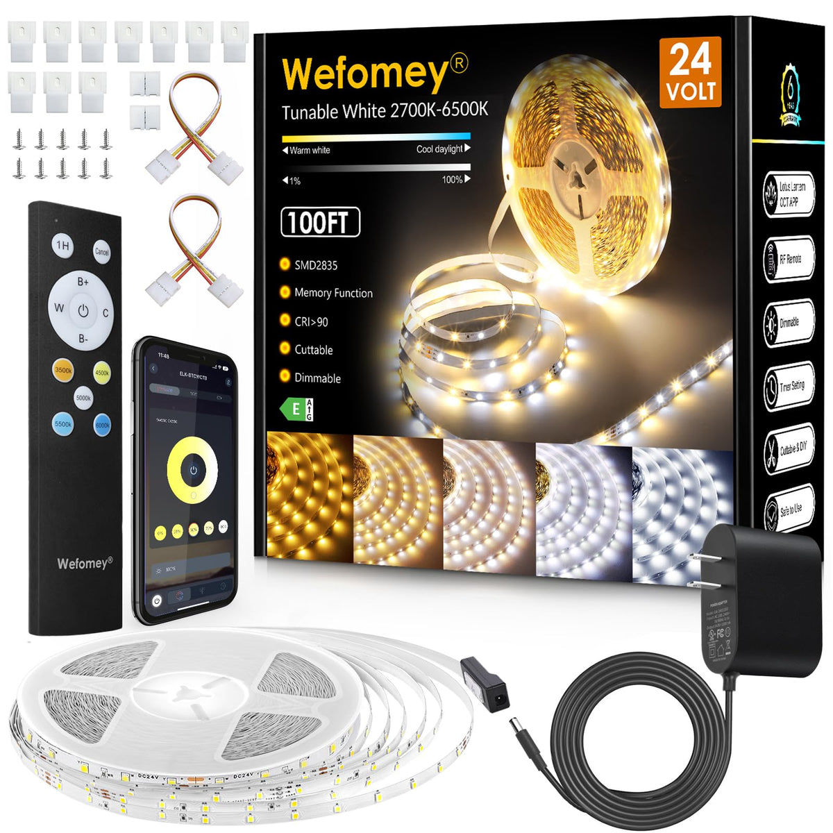 100ft White LED Strip Lights Dimmable 2700K-6500K Bright Tunable White