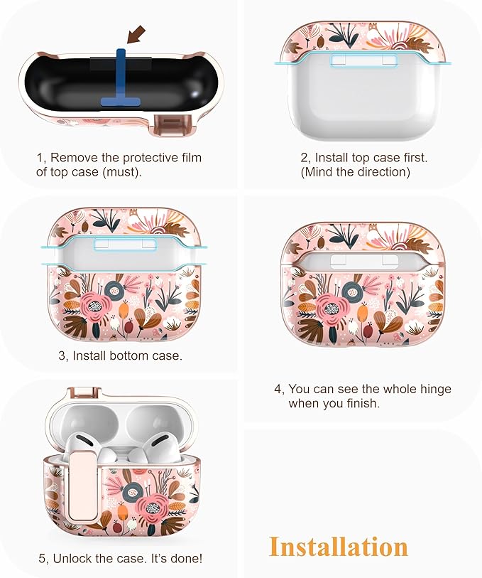 TATOFY for AirPods Pro 2nd Generation Case with Lock Carabiner Cleaner, Slim AirPod Pro 1st & 2nd Hard Case Cover, Compatible with MagSafe (Pink)