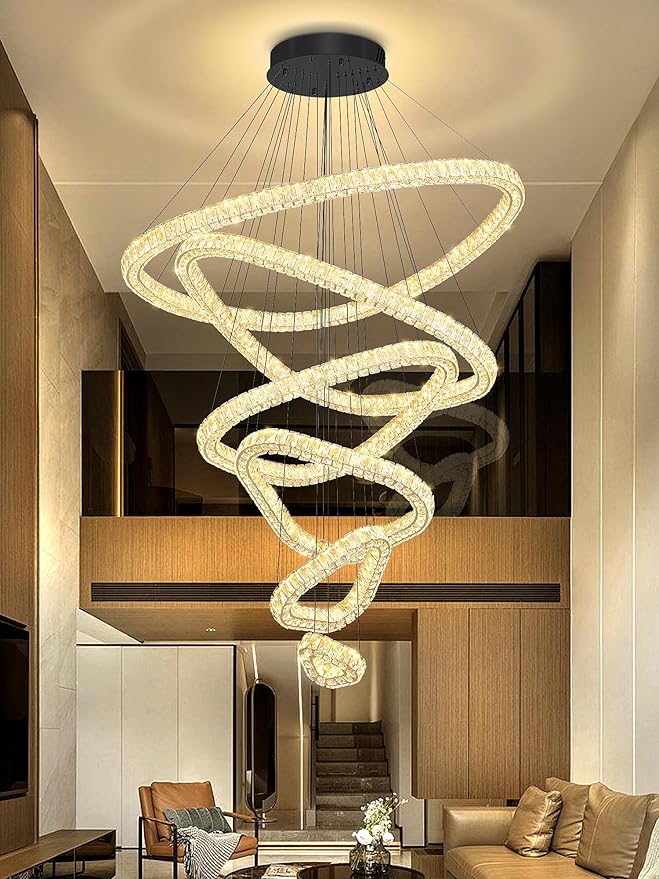 Flashing God Modern 6 Ring Crystal Chandeliers for High Ceiling Large Foyer Chandeliers LED Dimmable Crystal Ceiling Light Fixtures for Entryway Living Room Staircase Black