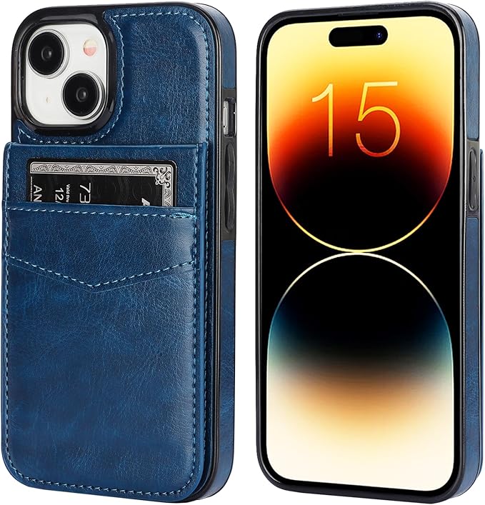 KIHUWEY Compatible with 15 Case Wallet with Credit Card Holder, Flip Premium Leather Magnetic Clasp Kickstand Heavy Duty Protective Cover for 15 6.1 Inch (Blue)