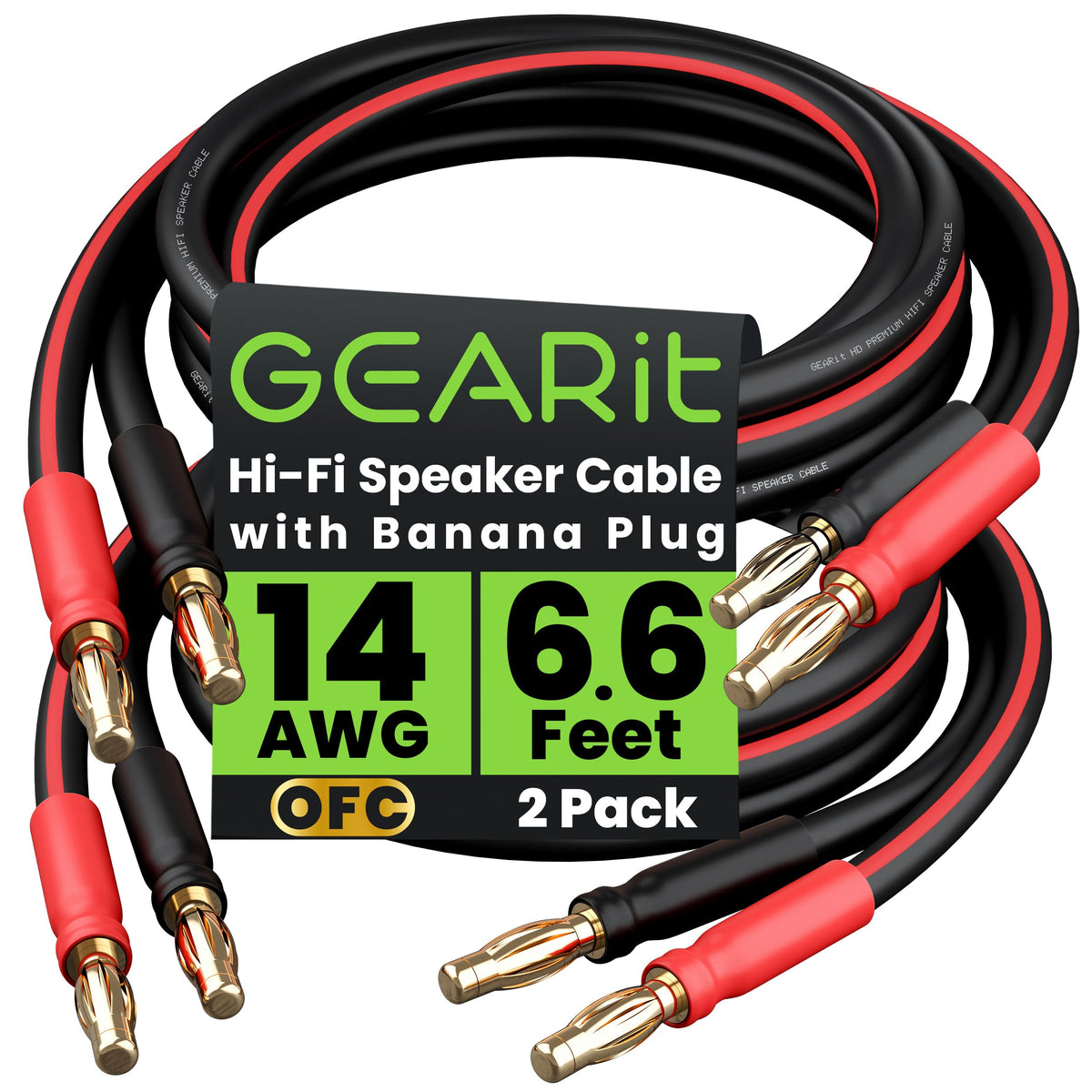 GEARit 14 Gauge OFC Speaker Wire with Banana Plugs, 2 Pack 6.6 ft Each