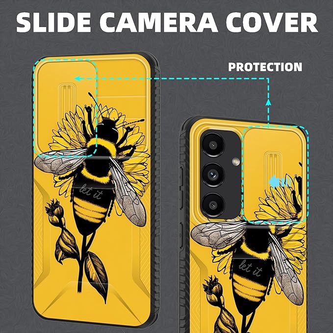 for Galaxy S25 Case Built in Slide Camera Lens Cover,Heavy Duty Shockproof Protection Dual Layer Case for Samsung Galaxy S25 6.2" 2025,Honeybee Flower