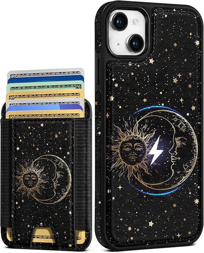 Shorogyt for iPhone 14 Plus Wallet Case - Fits 5 Cards, Compatible with Magsafe Detachable Magnetic Credit Card Holder Leather Cardholder Cute Phone Cover Women Girls for Apple 14Plus, Sun Moon