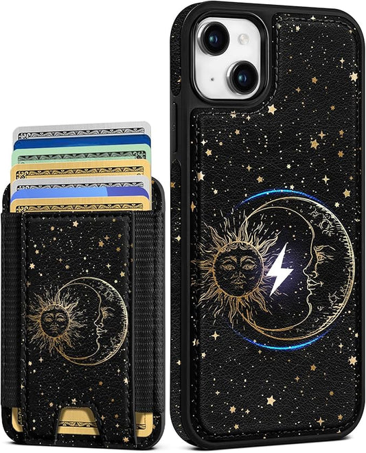 Shorogyt for iPhone 14 Wallet Case - Fits 5 Cards, Compatible with Magsafe Detachable Magnetic Credit Card Holder Leather Cardholder Cute Phone Cover Women Girls for Apple 14, Sun Moon