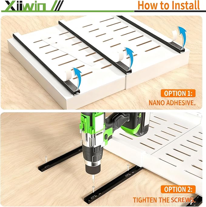 Pull out Cabinet Organizer 21" Depth (12.6-20.5 inch Width) Slide Roll Out Drawers Expandable Adjustable Shelves for Kitchen Bathroom Pantry Adhesive Nano Film 3 Slide Rails White, 2pcs