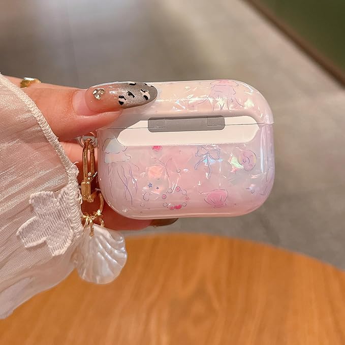 for AirPod Pro 3 Case 2025 Cute Shell Pearl Ocean Design for Women Girls TPU Protective Cover with Keychain Compatible for AirPods Pro 3rd Generation (Glitter Jellyfish)