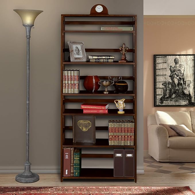 Niche Flip Flop 67 Inch Folding 6-Shelf Bookcase, No Tools Assembly, Sturdy Solid Wood, Easy Setup, Space-Saving Bookshelf for Home, Office, Dorm, Living Room, Bedroom, Mocha Walnut Finish