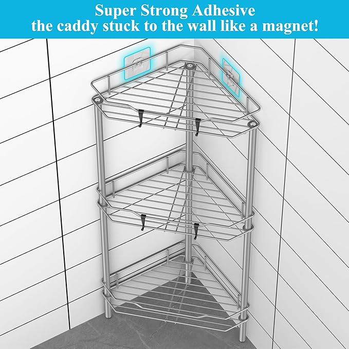 3 Tier Floor Standing Corner Shower Caddy Organizer Shelf with Hooks, Bathroom Shelves Stand Rack, Gray