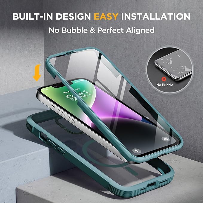 Miracase Magnetic for iPhone 14 Case 6.1'', [Bubble Free] Full-Body Bumper Phone case with Built-in Full Glass Screen &Lens Protector,No Gap,Compatible with MagSafe,Drop Proof 14 Cover,Green