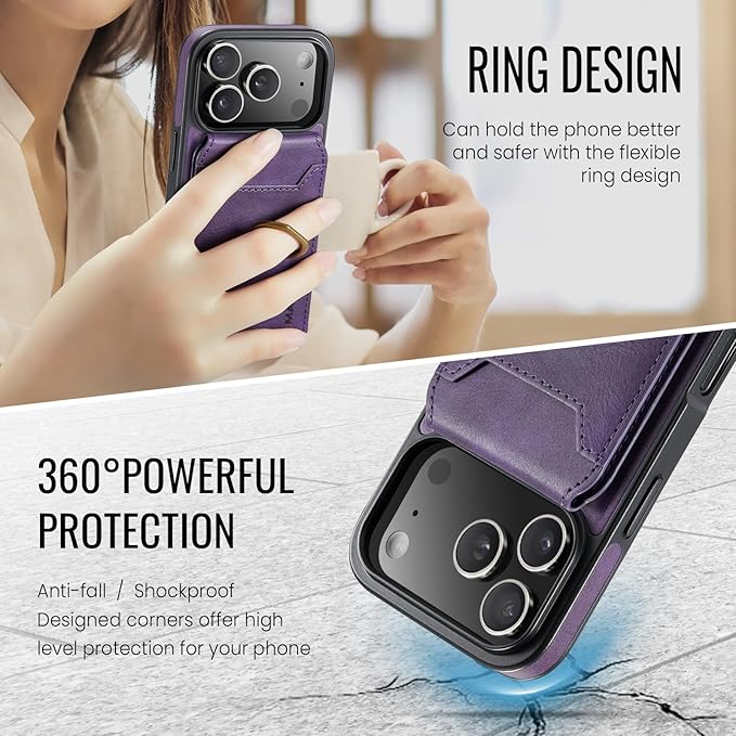 Wallet Case for iPhone 17 Pro, 2 in 1 Strong Magnetic Detachable, Shockproof Phone Case Compatible with MagSafe, Slim Leather Wallet RFID Blocking 5-Card Holder Ring Grip Stand (Purple)