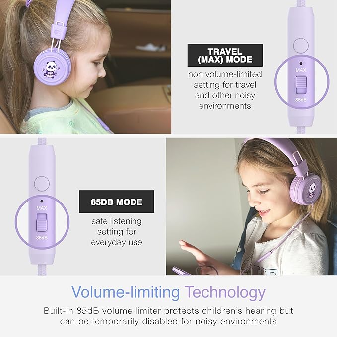 MEE audio KidJamz KJ55 Wired Children’s Headphones with 3.5mm Plug, Colorful Graphics, Volume Limiter & Microphone, Adjustable On-Ear Kids Headset for Online Learning/School/Travel/Tablet (Lavender)