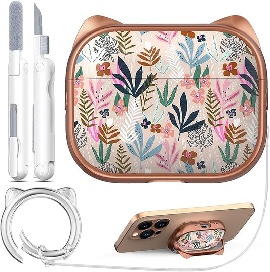 RFUNGUANGO is Compatible with AirPods Pro 3 Protective case, with Mobile Phone Holder Function, Multiple Colors Available, Suitable for AirPods Pro 3 Protective case,Rose Gold + Leaves