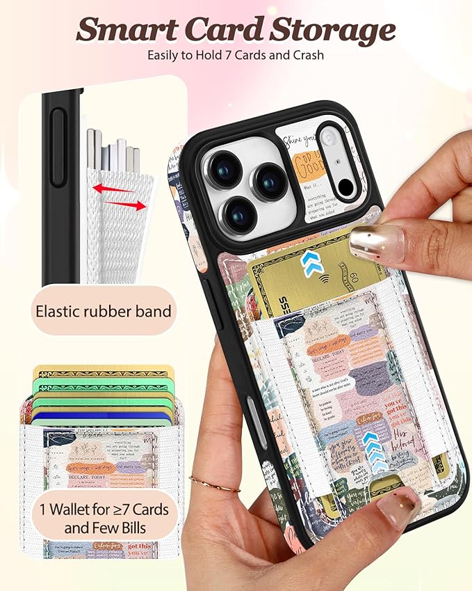 Shorogyt for iPhone 17 Pro Case Wallet - Fits 5 Cards, Compatible with Magsafe Detachable Magnetic Credit Card Holder Leather Cardholder Cute Phone Cover Women Girls for Apple 17Pro, Collage