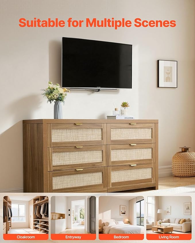 VEVOR Large Dresser for Bedroom, 57" Wide Rattan Dresser 6 Drawer, Wooden Modern Dressers Chest of Drawers with Metal Handle, Clothes Closet Storage Organizer Boho TV Stand for Living Room, Walnut Oak