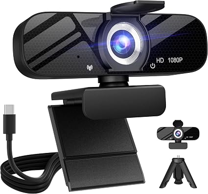 Tewiky Full HD Webcam with Built-in Microphone and Rotatable Tripod, 1080P Video and Wide Angle Camera, Privacy Cover, for Desktop PC or Laptop Computer