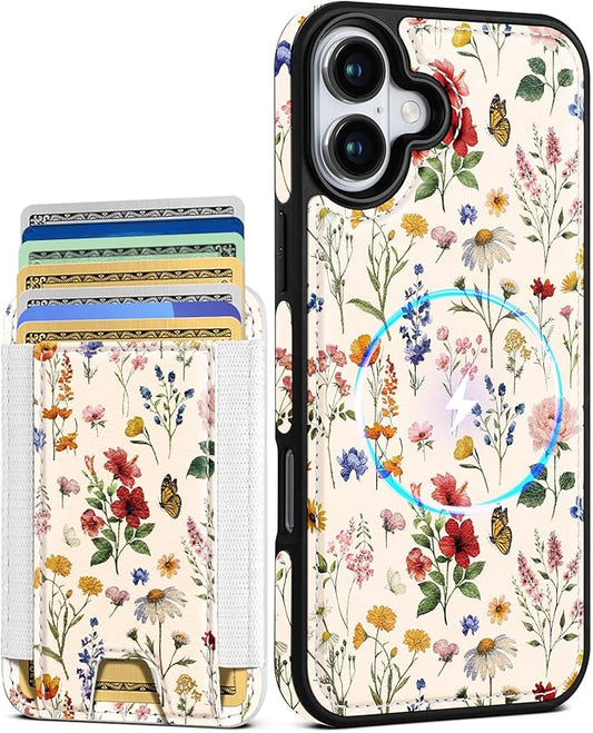 Shorogyt for iPhone 17 Wallet Case - Fits 5 Cards, Compatible with Magsafe Detachable Magnetic Credit Card Holder Leather Cardholder Cute Phone Cover Women Girls for Apple 17, Floral