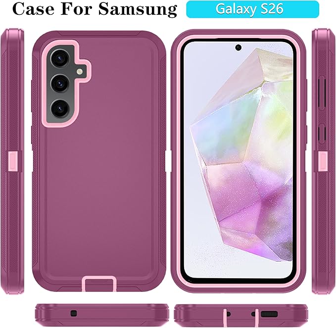 ONOLA Compatible with Samsung Galaxy S26 Case with HD Screen Protector, Heavy Duty Shockproof & Dropproof 3-Layer Cover Phone Case for Galaxy S26 6.3''，WineRedPink