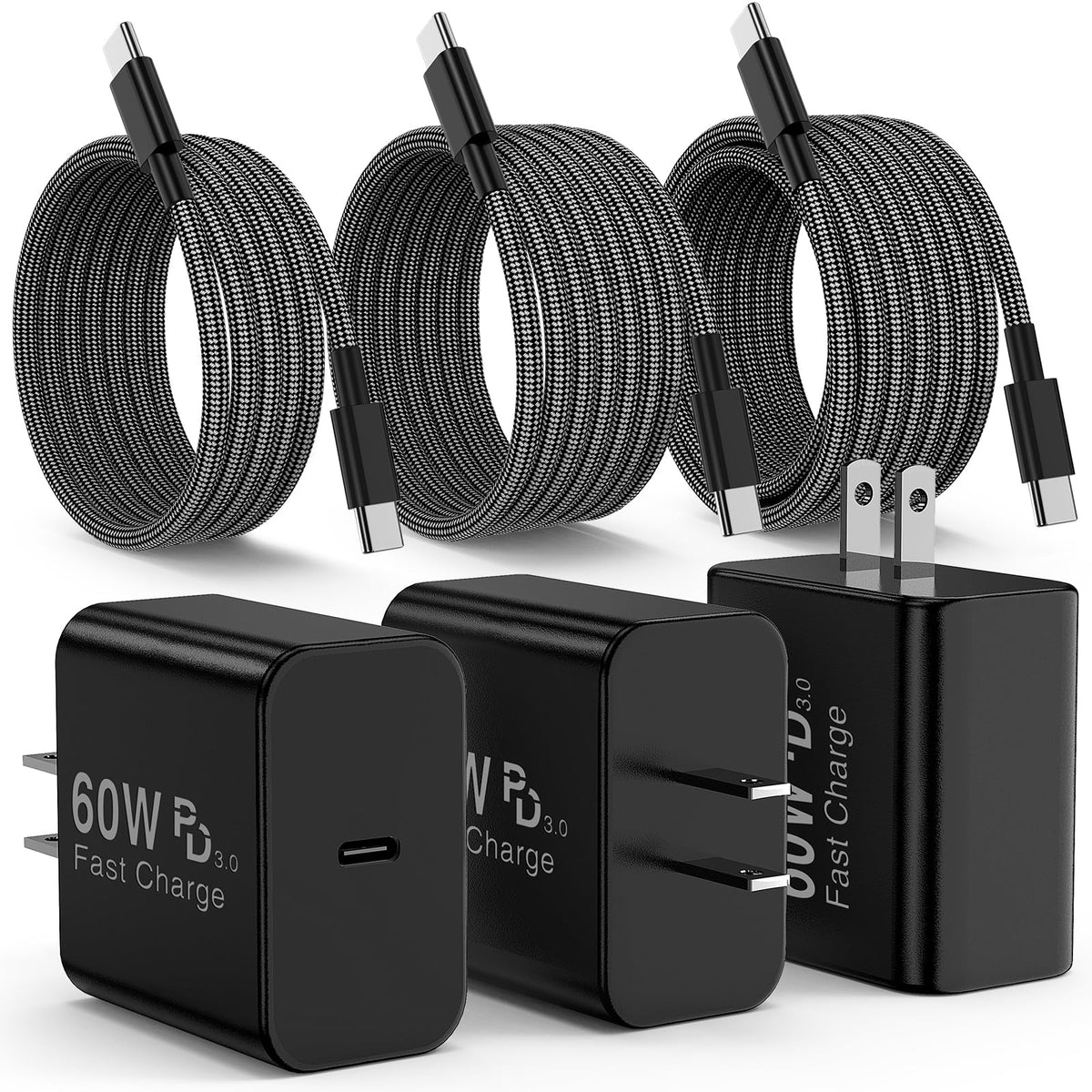 60W USB‑C Super Fast Charger, Braided Cables 3/6/10FT for Galaxy S26 Ultra - Image 2