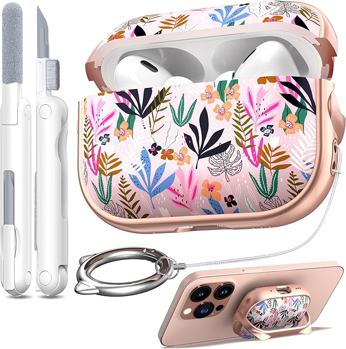 RFUNGUANGO is Compatible with AirPods Pro 3 Protective case, with Mobile Phone Holder Function, Multiple Colors Available, Suitable for AirPods Pro 3 Protective case,Rose Gold + Plants