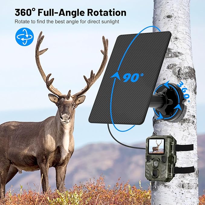 Solar Panel for Trail Cameras, Built-in 5000mAh Large-Capacity Rechargeable Battery Trail Camera Solar Panel, Solar Battery Charger Kit with Type C/5V DC/6V Output, Suitable for Most Trail Cameras