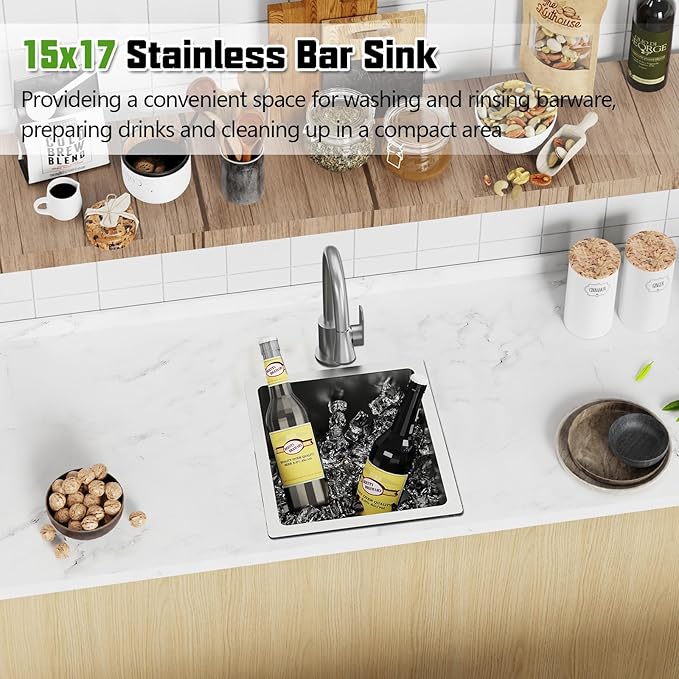 15x17In Undermount Kitchen And Bar Sink- Stainless Steel Single Bowl Modern Drop In Kitchen&Bar Sink With SS Grid,Silicon Mat,Colander,Drain Strainer Compatibility With Various Kitchen&Bar Style