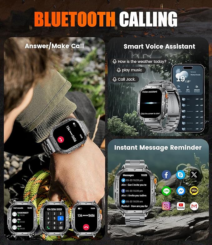 SUNKTA EF17 Mens Smart Watch with LED Flashlight, 2.13'' Amoled HD Display Fitness Tracker Watch, Pedometer/100+ Sport Modes/Sleep/5ATM Waterproof Smartwatch, Compatible iOS Android Smart Watches