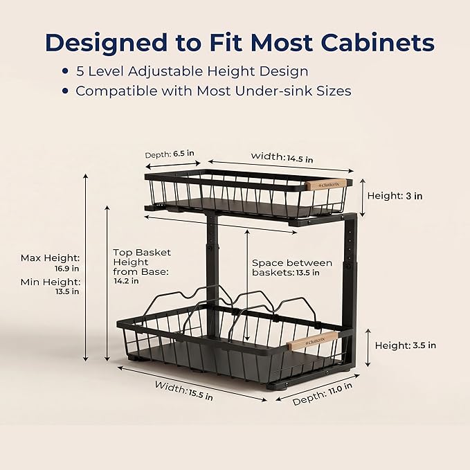 Under Sink Organizer, 2 Pack, 2 Tier Sliding L-Shaped Carbon Steel Rack with Adjustable Height, Motion-Activated LED Lights, Dividers & Hooks (Black)