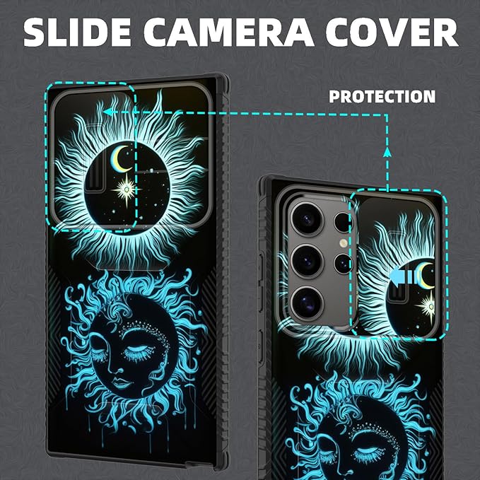 for Galaxy S24 Ultra Case Built in Slide Camera Lens Cover,Heavy Duty Shockproof Protection Dual Layer Case for Samsung Galaxy S24 Ultra 6.8" 2024,Sun Moon