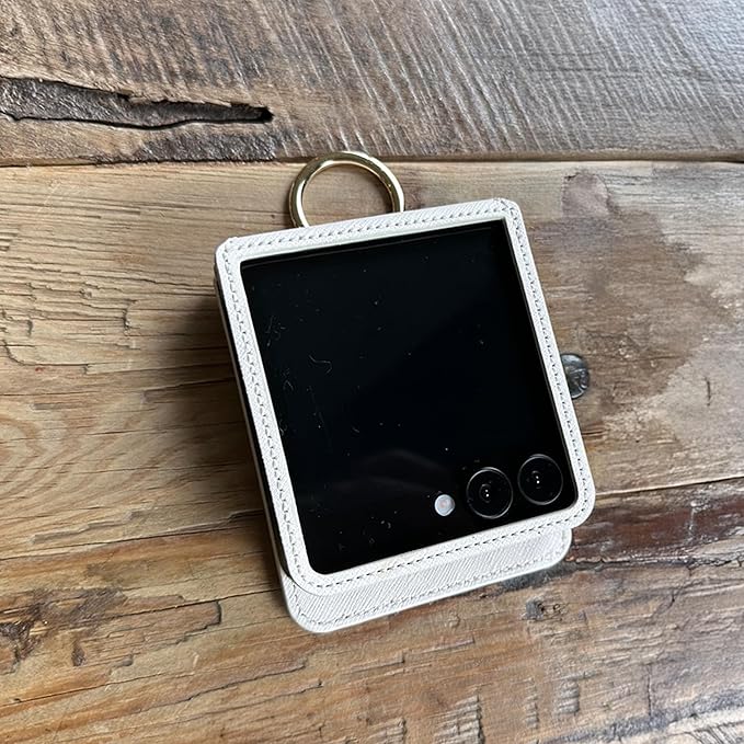 [BeYourSanta] Galaxy Z Flip 7 Case with Ring - Avant-Garde Handmade Saffiano Vegan Leather Case, Anti-Scratch Hinge Protection, Made in Korea (3 Pockets, Cream Beige)
