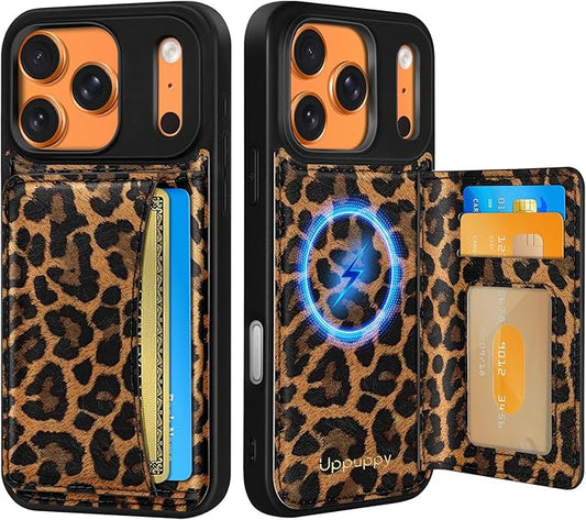 for iPhone 17 Pro Max Case with Wallet - Fits 4 Card Slots, Compatible with MagSafe for Women Aesthetic PU Leather Credit Card Holder Kickstand Phone Cover for Apple 17 Promax, Leopard Print