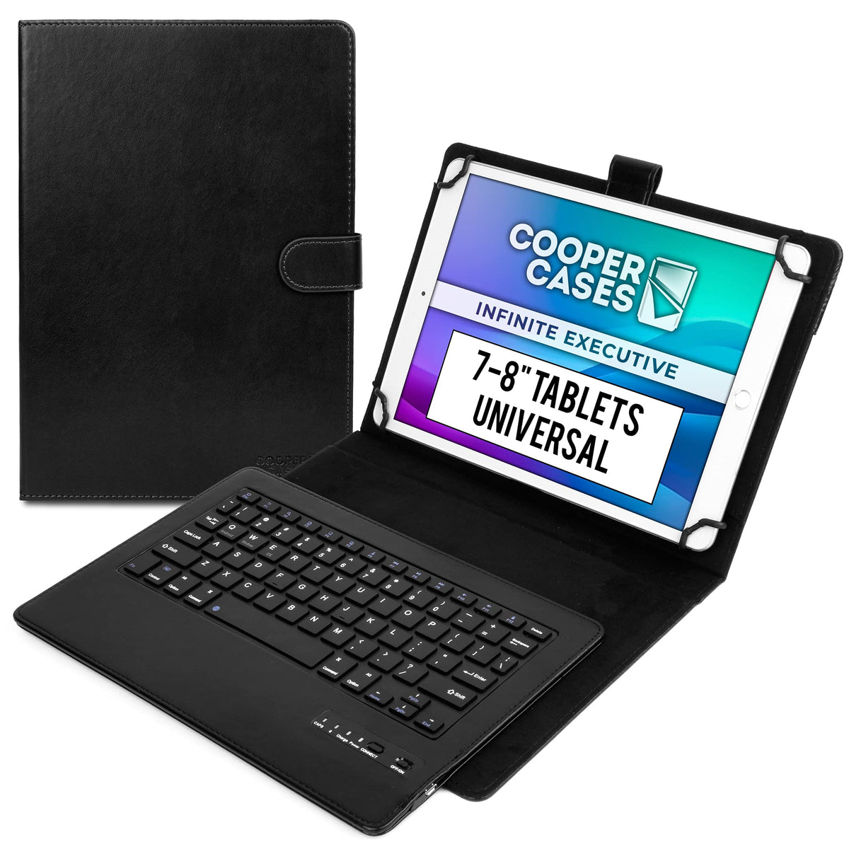 COOPER Infinite Executive Universal Tablet Keyboard Case for 7, 7.9, 8 inch | Tablet Case with Keyboard & 2-in-1 Leather Folio Cover | Bluetooth, Wireless, Hotkeys | Android, Windows, iPadOS (Black)