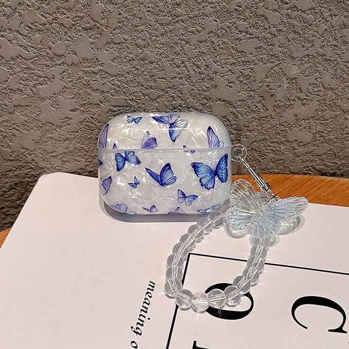 for Airpod Pro 3 Case 2025 Cute White Marble TPU Protective Cover with Keychain Compatible with AirPods Pro 3rd Generation Case for Girls Women (Bluish-Purple Butterfly)