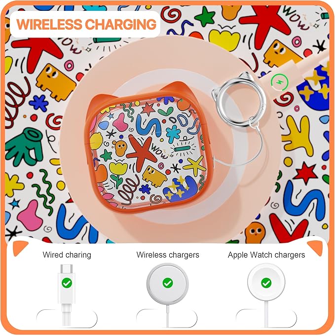 RFUNGUANGO AirPods 4 Case for Women Girly Cat Case with Lock, Phone Stand, Keychain & Cleaner Kit, Compatible with Apple Airpods 4th Generation Case Cover, Orange Graffiti