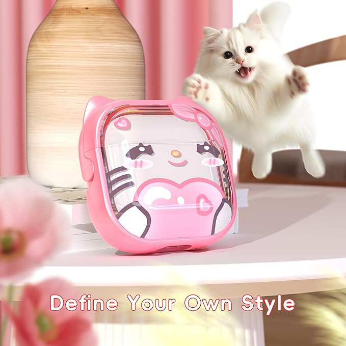 for AirPods 4 Case with Cleaning Kit, Cute Cat Ear Print Design & Cute Buckle, Inverted Phone Holder Design, Top Safe Lock Buckle Design, for Girls AirPods 4 case 2024, Pink Cat