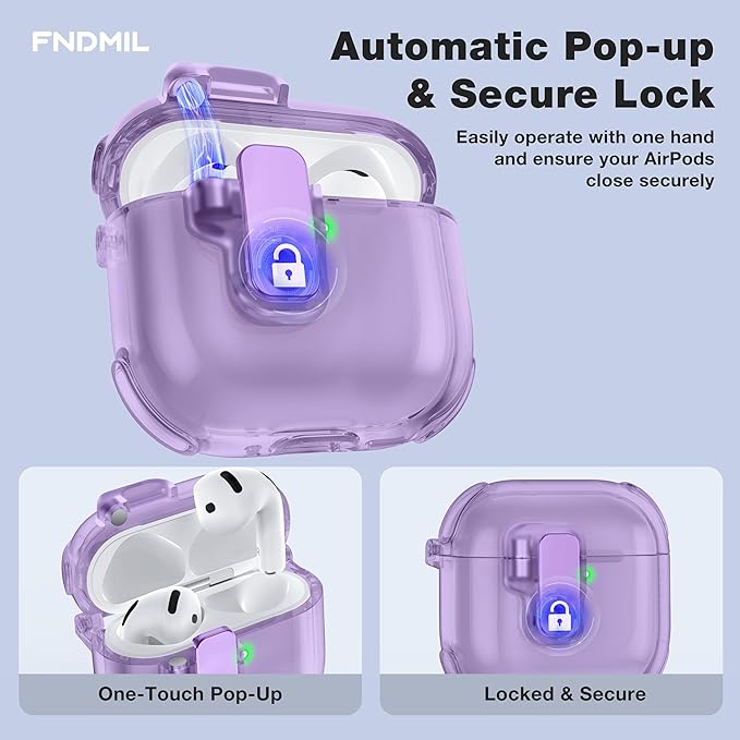 Clear Case for AirPods 4 Case Cover with [Lock Safety &Pop Up][Military Shockproof] Anti-Yellow Transparent Soft TPU Wireless Charging for AirPods 4th Generation Case with Keychain,Clear Purple