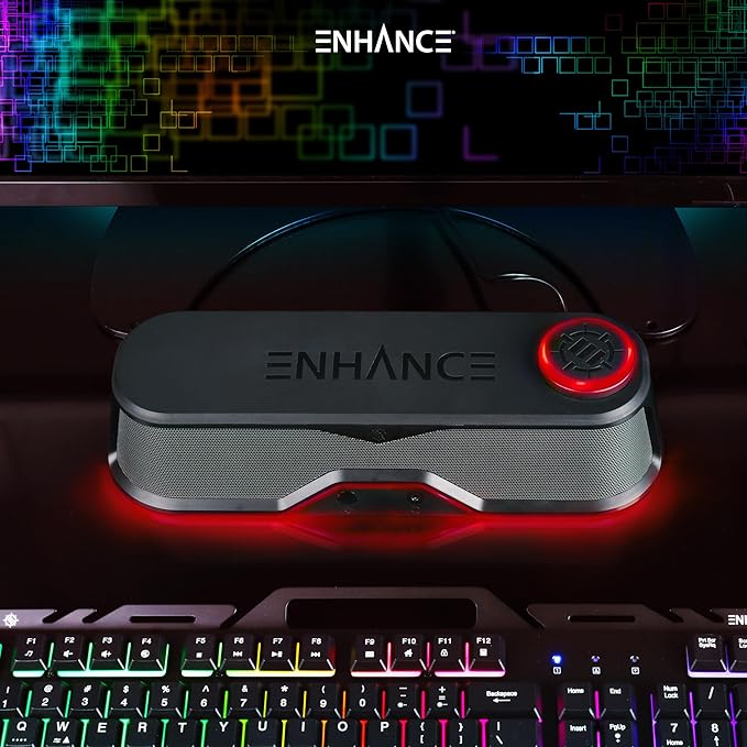 ENHANCE SB1 High Excursion Computer Soundbar - USB Powered Computer Speaker, Under Monitor Speaker with 10W Peak, LED Volume Control Knob, Headset Pass Through, Gaming Soundbar for PC