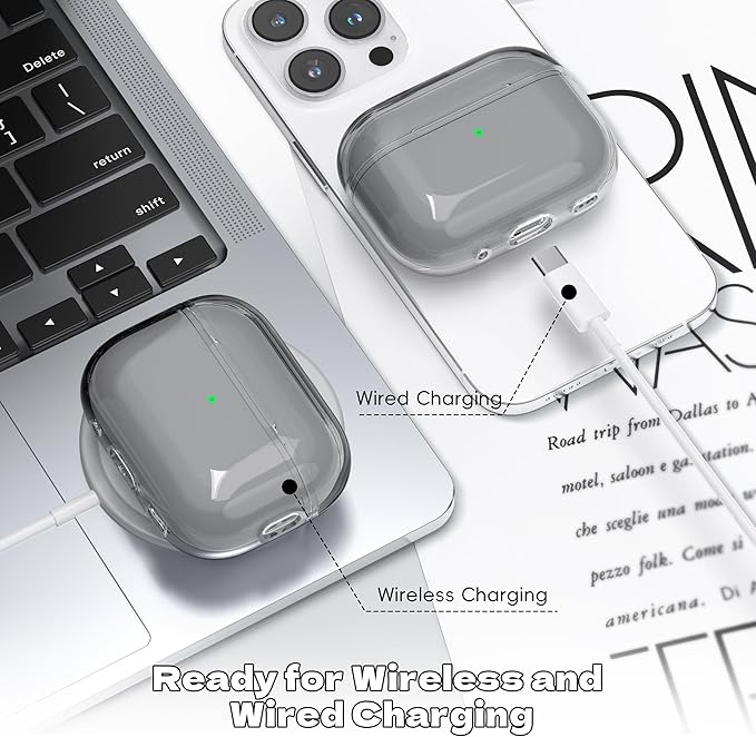 Airpods Pro 2nd/1st Generation Case Cover, Compatible with Airpods Pro Case 2nd Gen USB C Charging Port, Clear Soft Transparent Military Grade Shockproof Case, Clear Black