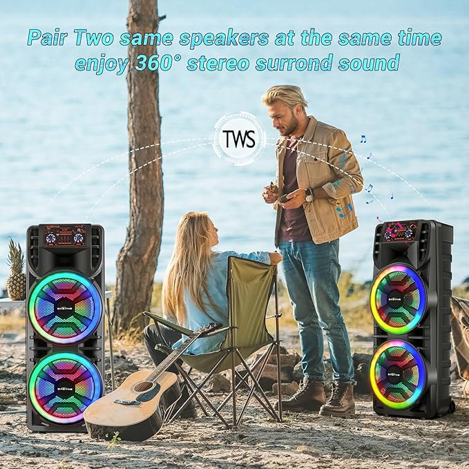 Wireless Bluetooth Party Speaker with Dual 12 Inches Woofers, Portable Karaoke Speaker System, Microphone & Remote, RGB LED Lights, Karaoke Machine with Bass, AUX/USB/TF/TWS/Echo, FM Radio