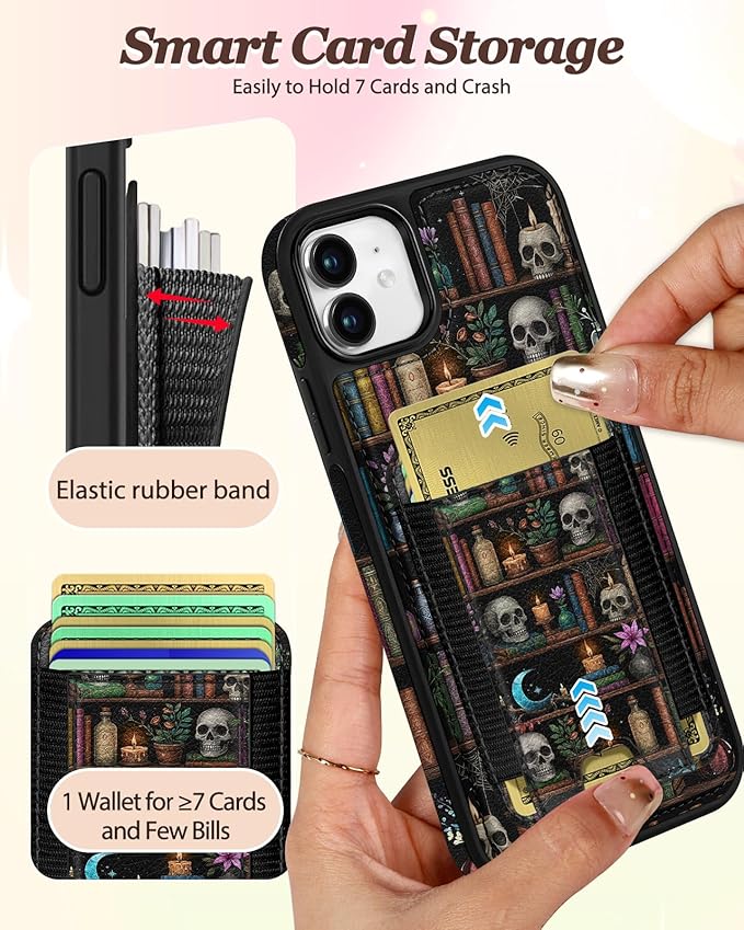 Shorogyt for iPhone 11 Wallet Case - Fits 5 Cards, Compatible with Magsafe Detachable Magnetic Credit Card Holder Leather Cardholder Cute Phone Cover Women Girls for Apple 11, Bookshelf