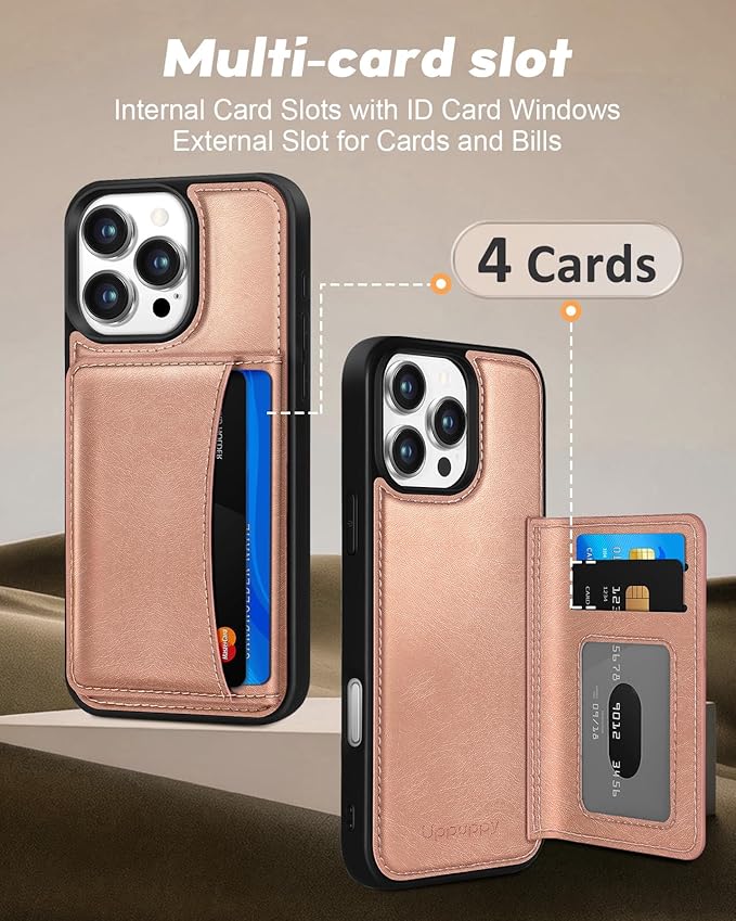 for iPhone 16 Pro Max Case with Wallet - Fits 4 Card Slots, Compatible with MagSafe for Women Aesthetic PU Leather Credit Card Holder Kickstand Phone Cover for Apple 16 Promax, Rose Gold