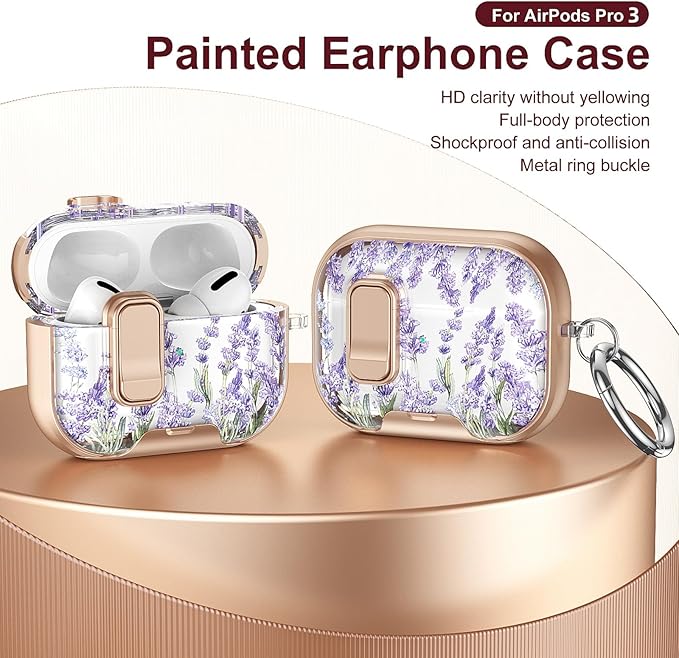 Case Compatible with AirPods 4 2024,Elegant Lavender Pattern Cover for AirPods 4th Gen with Built-in Phone Stand,One-Click Secure Lock & Metal Carabiner,Wireless Charging, Gift for Girls Women