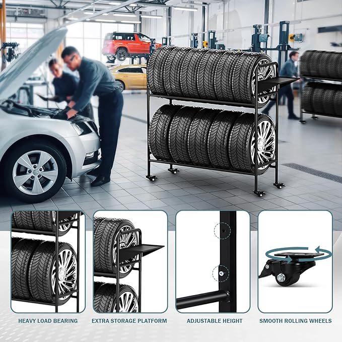 Heavy-Duty Tire Rack with Wheels, Garage Tire Storage Organizer, Adjustable Metal Straps & 4 Locking Casters, Holds Up to 660 lbs, for Car Tires Storage Organization