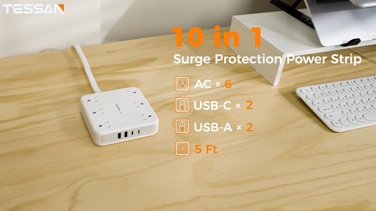TESSAN Surge Protector Power Strip, 5Ft Flat Plug Extension Cord, Grey