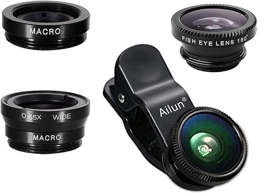 Phone Lens,by Ailun,3 in 1 Clip on 180 Degree Fish Eye Lens+0.65X Wide Angle+10X Macro Lens,Universal HD Camera Lens Kit for Mobile Phone,Cellphone,Smart Phone
